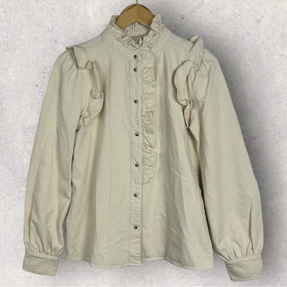 Sezane Eva Shirt Mottled Ecru Size 36 French / US 4 Ruffle‎ Button Top Blouse - Picture 4 of 16